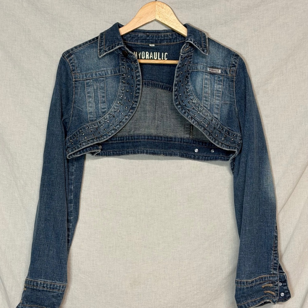 Hydraulic Y2K Studded Cropped Denim Shrug Jacket Medium Wash Blue Size XL
